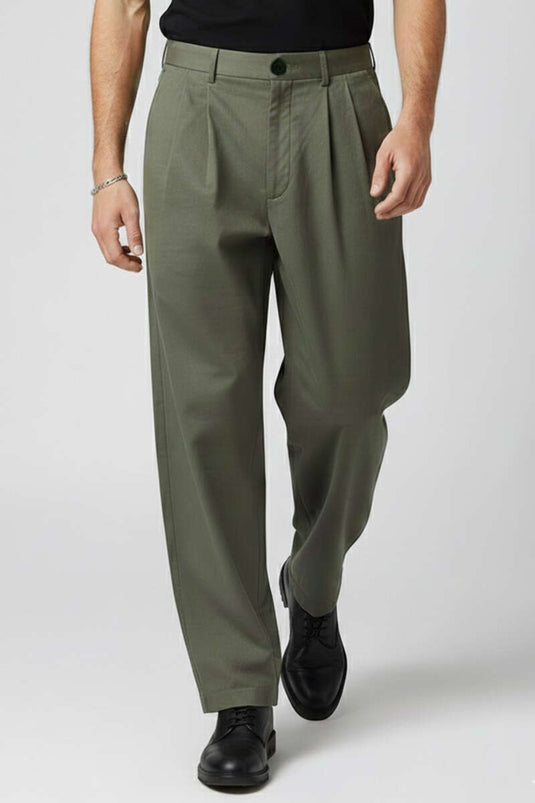 بنطال رجالي فضفاض بأزرار وخصر مطاطي، لون كاكي