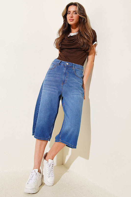 Bermuda baggy en jean bleu à boutons