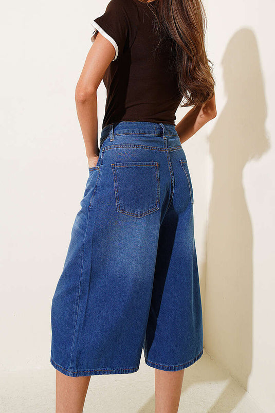 Bermuda baggy en jean bleu à boutons
