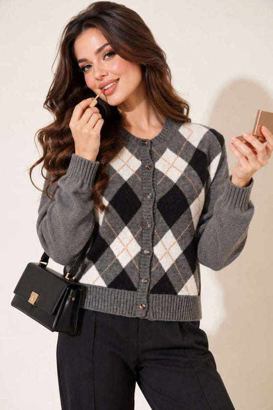Buttoned Patterned Knit Cardigan In Smoke Grey