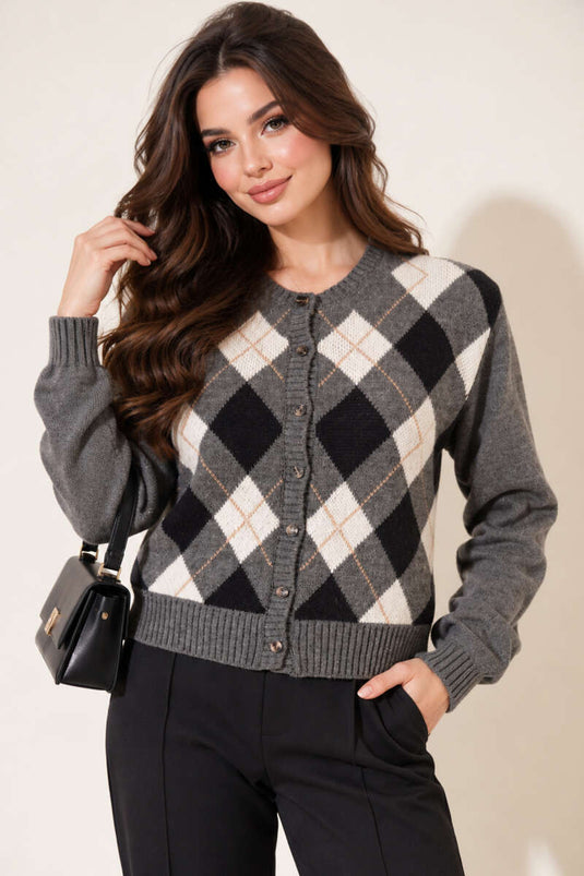 Buttoned Patterned Knit Cardigan In Smoke Grey