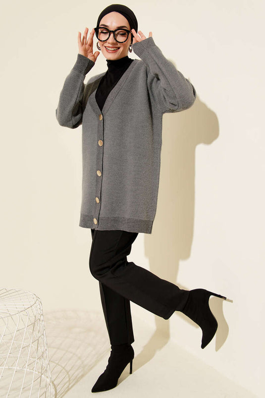 Buttoned Basic Fluffy Knit Cardigan Grey