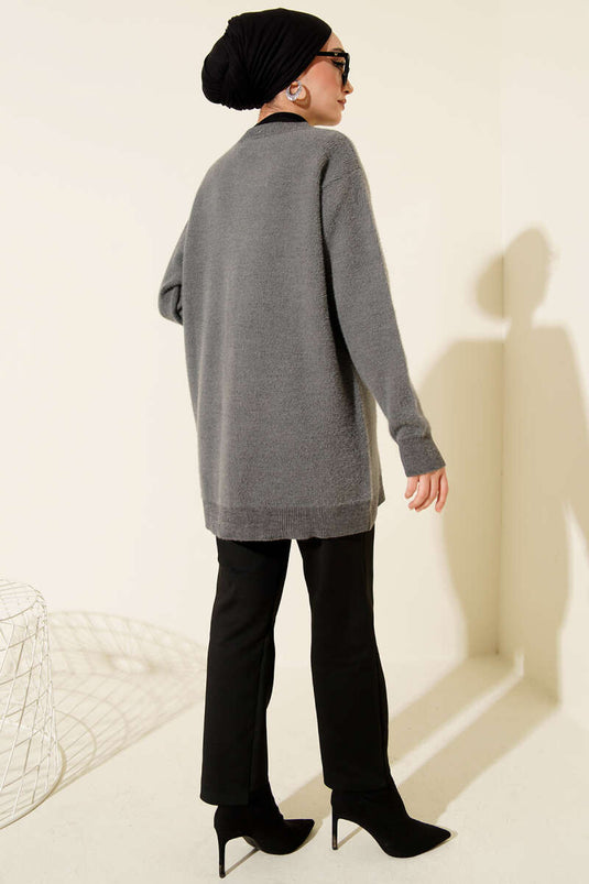 Buttoned Basic Fluffy Knit Cardigan Grey