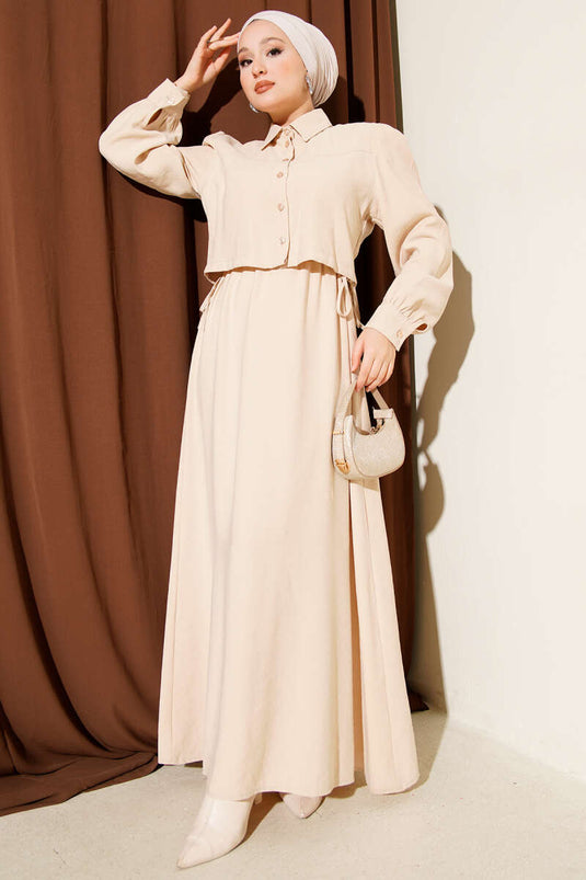 Set aus geknöpftem Tunnel-Tencel-Weste mit Taillengürtel, beige