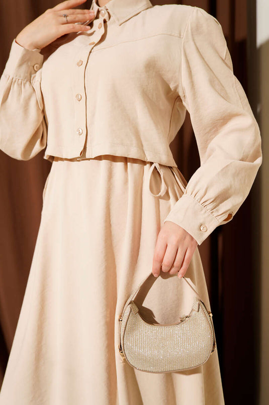 Set aus geknöpftem Tunnel-Tencel-Weste mit Taillengürtel, beige