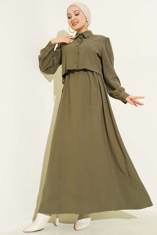 Set aus geknöpfter Tencel-Weste mit Tunnelzug in der Taille, Khaki