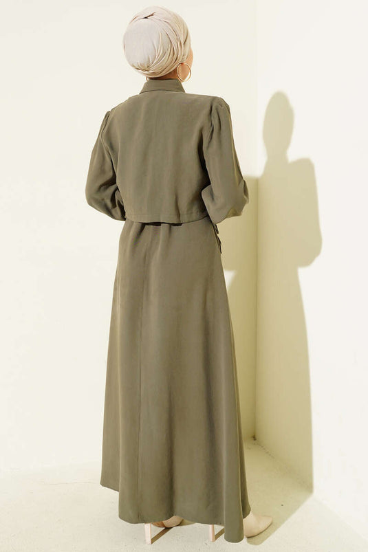 Set aus geknöpfter Tencel-Weste mit Tunnelzug in der Taille, Khaki