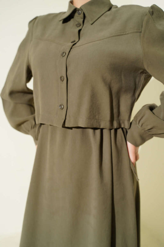 Set aus geknöpfter Tencel-Weste mit Tunnelzug in der Taille, Khaki