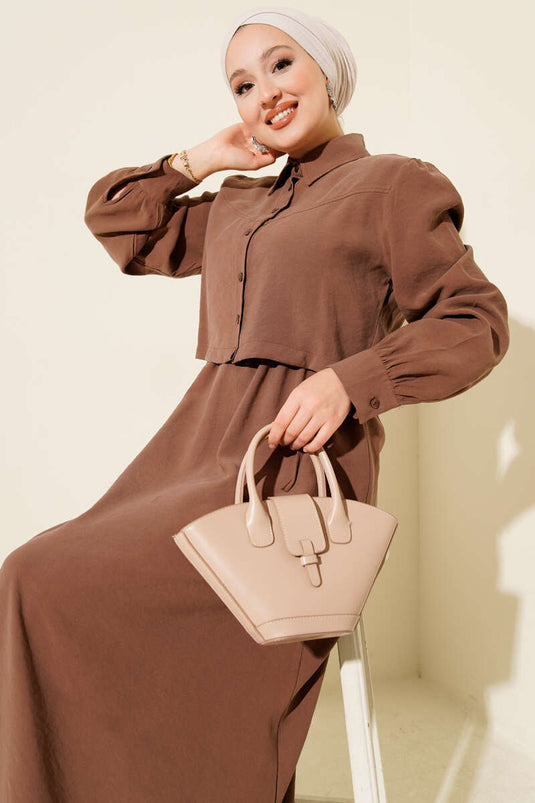 Set aus geknöpfter Tunnel-Weste aus Tencel, braun