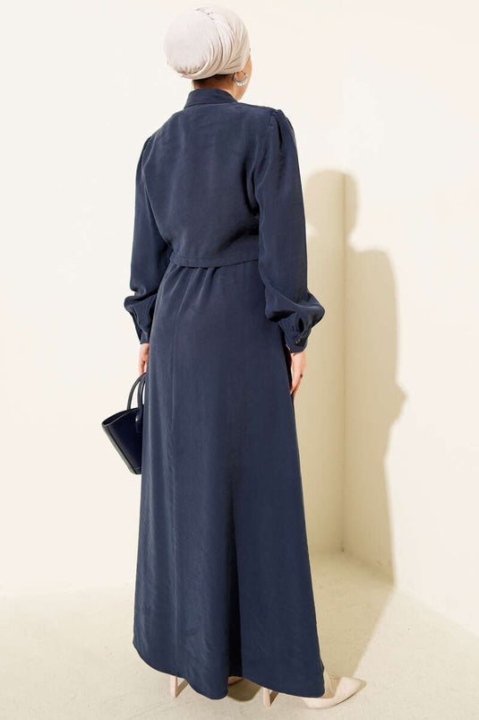 طقم صدرية Tencel نفقية بأزرار على الخصر باللون الأزرق الداكن