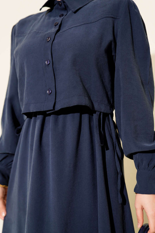 طقم صدرية Tencel نفقية بأزرار على الخصر باللون الأزرق الداكن