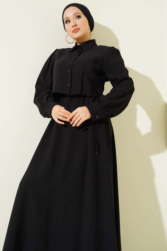 Schwarzes Set aus Tencel-Weste mit Knopfleiste und Tunnelzug in der Taille