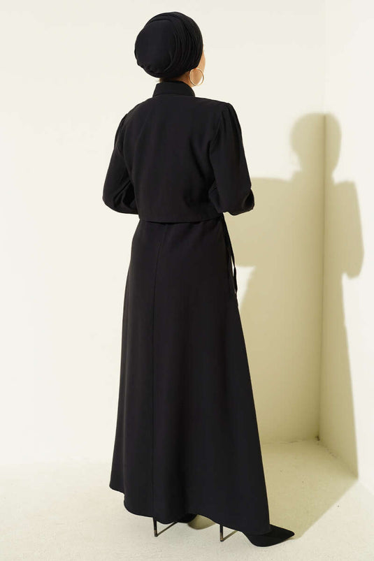 Schwarzes Set aus Tencel-Weste mit Knopfleiste und Tunnelzug in der Taille