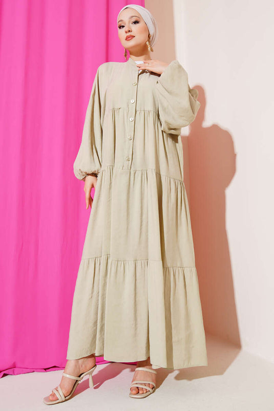 فستان بأزرار وأساور مطاطية عند الكاحلين، أخضر فاتح