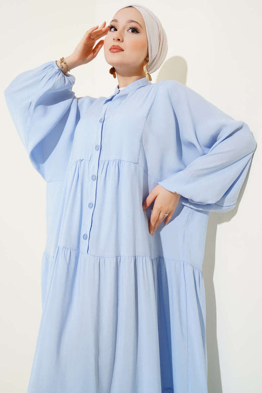 فستان بأزرار وأساور مطاطية، أزرق