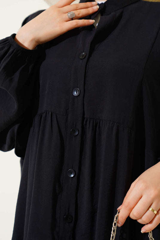 فستان بأزرار وأساور مطاطية، أسود