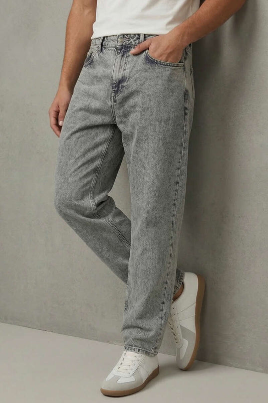 Herrenjeans mit weitem Bein und Knöpfen, Grau