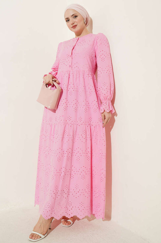 Buttoned Broderie Dress with Elastic Cuffs Pink