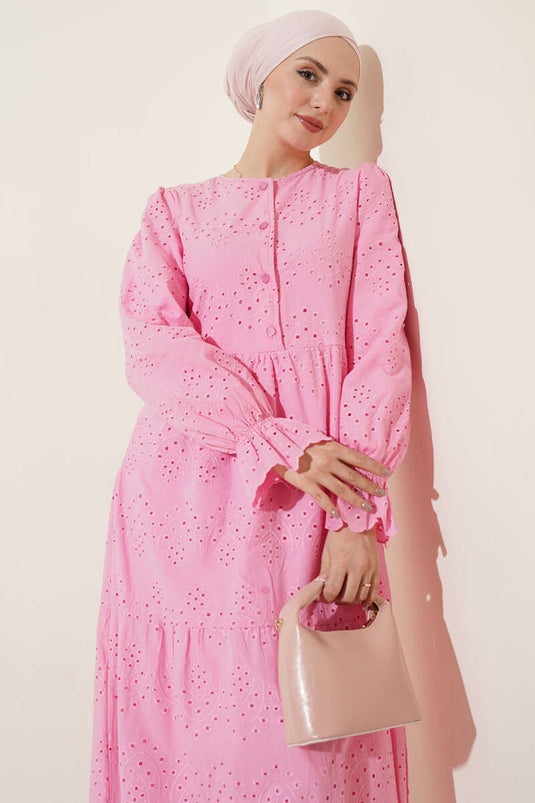 Buttoned Broderie Dress with Elastic Cuffs Pink
