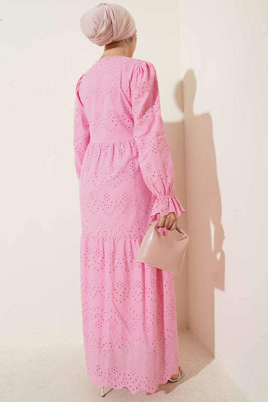 Buttoned Broderie Dress with Elastic Cuffs Pink