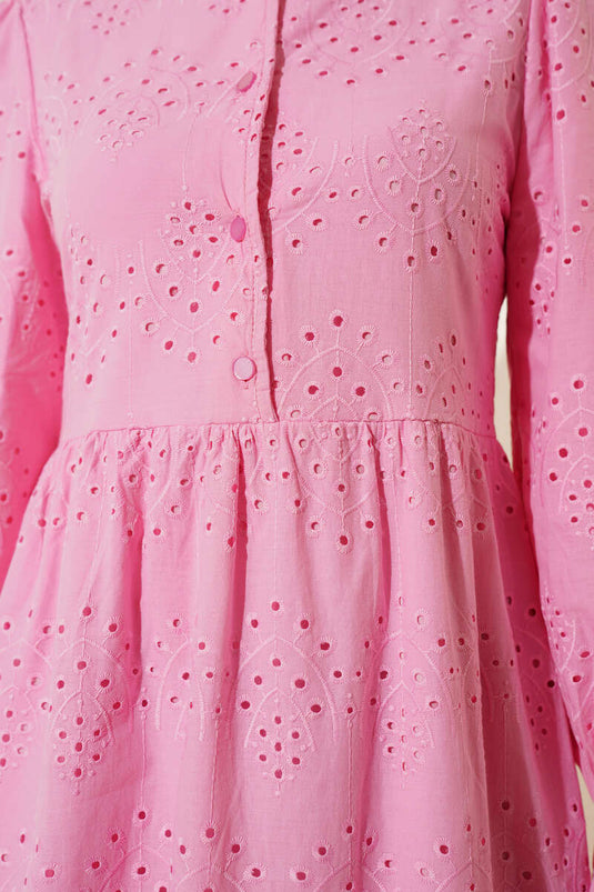 Buttoned Broderie Dress with Elastic Cuffs Pink