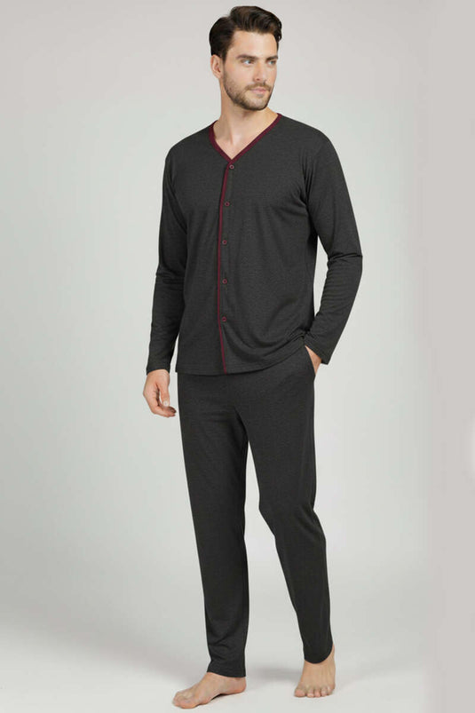 Buttoned Plus Size Interlock Men's Pajama Set, Dark Gray