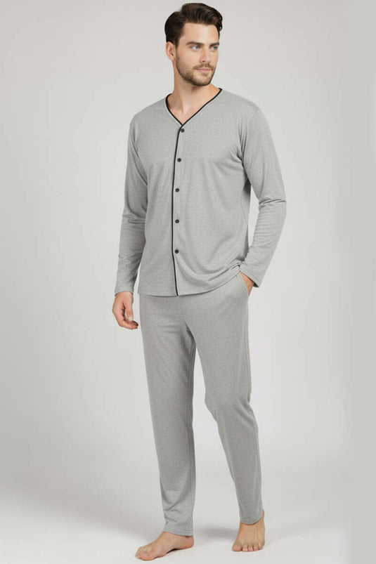 Buttoned Plus Size Interlock Men's Pajama Set Grey