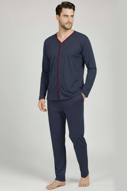 Buttoned Plus Size Interlock Men's Pajama Set Navy Burgundy