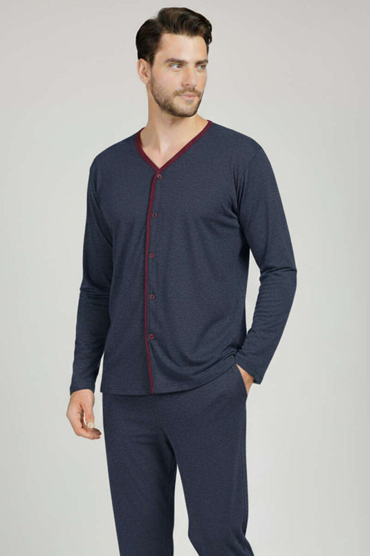 Buttoned Plus Size Interlock Men's Pajama Set Navy Burgundy