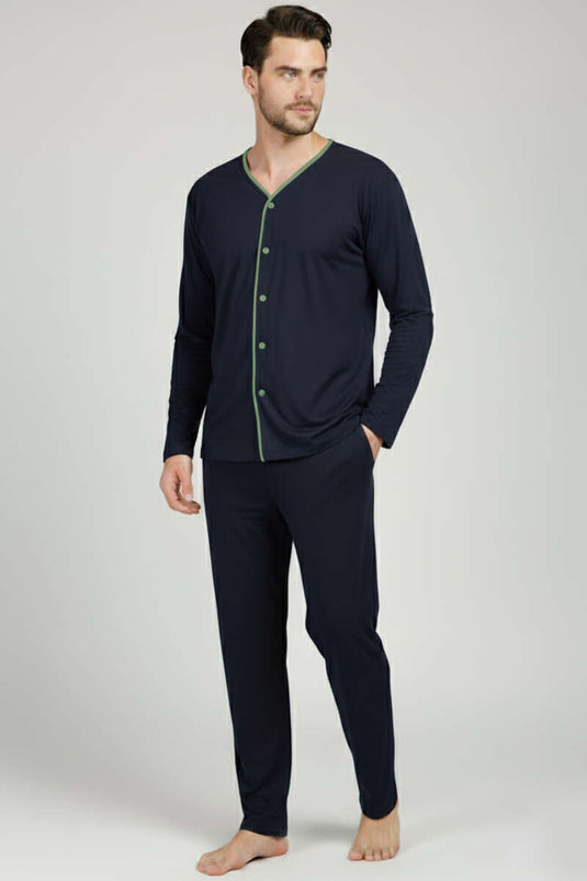Buttoned Plus Size Interlock Men's Pajama Set Navy Khaki