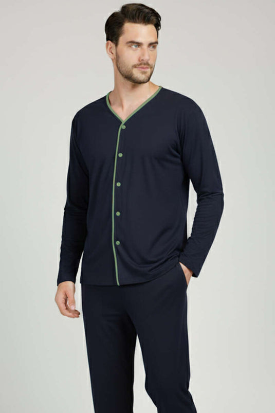Buttoned Plus Size Interlock Men's Pajama Set Navy Khaki