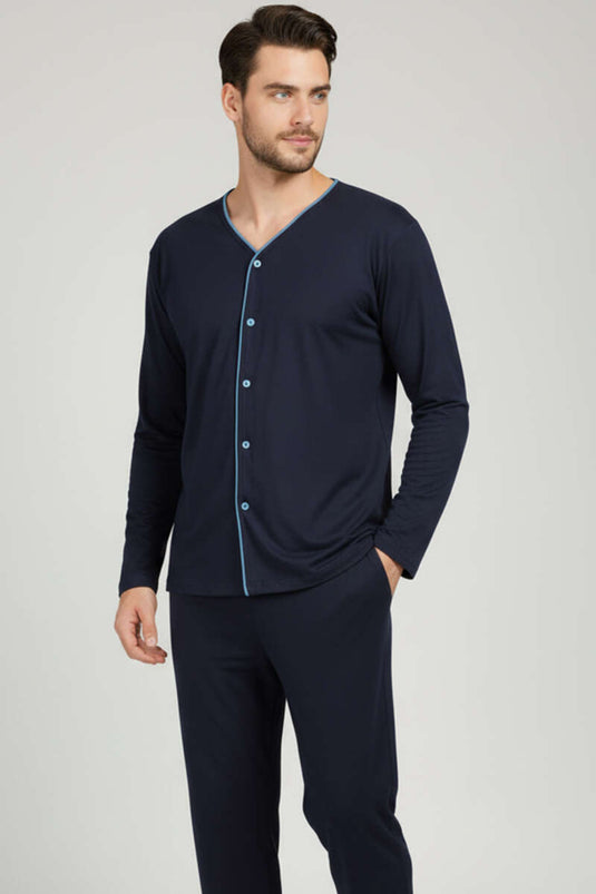 Buttoned Plus Size Interlock Men's Pajama Set Navy Blue