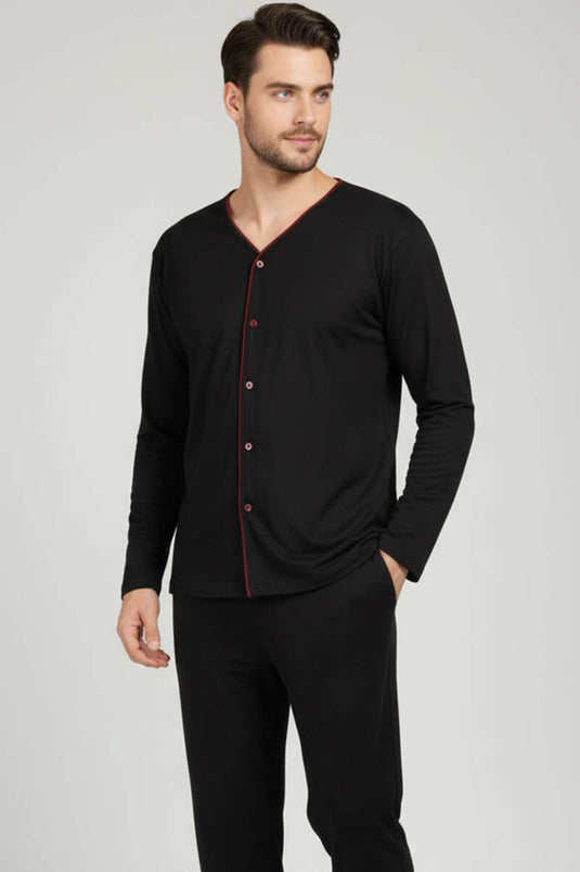 Buttoned Plus Size Interlock Men's Pajama Set Black