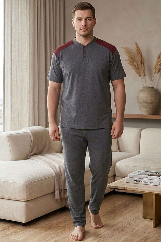 Düğmeli Büyük Beden Kısa Kol Erkek Pijama Takım Füme