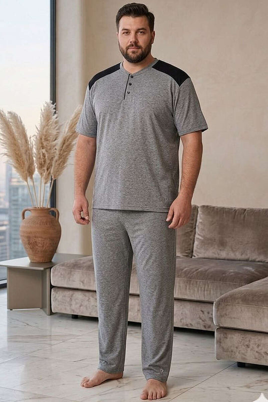 Düğmeli Büyük Beden Kısa Kol Erkek Pijama Takım Gri
