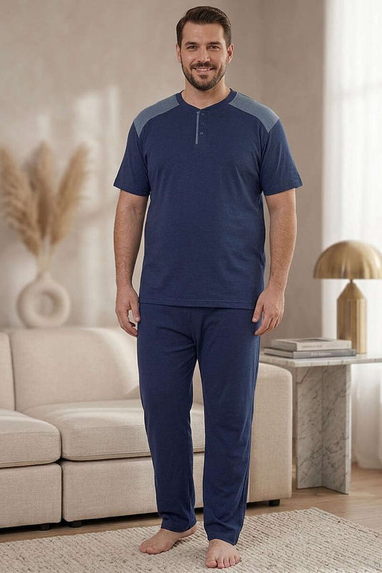 Düğmeli Büyük Beden Kısa Kol Erkek Pijama Takım Parlement