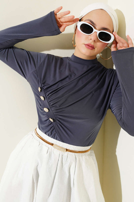 Sandy Blouse with Buttons and Pleats Smoke