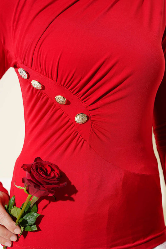 Düğmeli Büzgülü Sandy Bluz Kırmızı