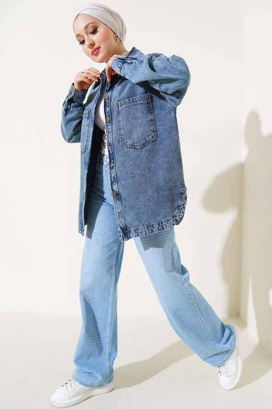 Buttoned Pocket Basic Denim Jacket Blue