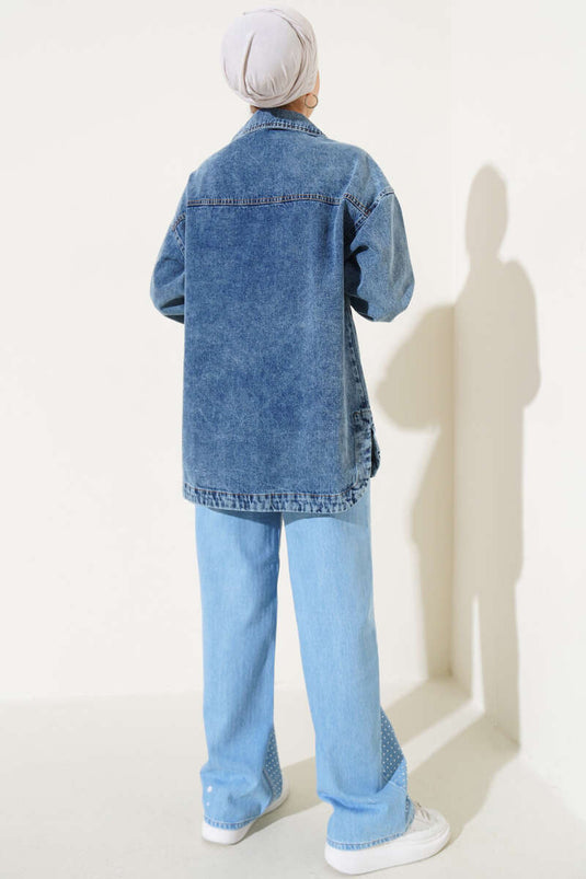 Buttoned Pocket Basic Denim Jacket Blue