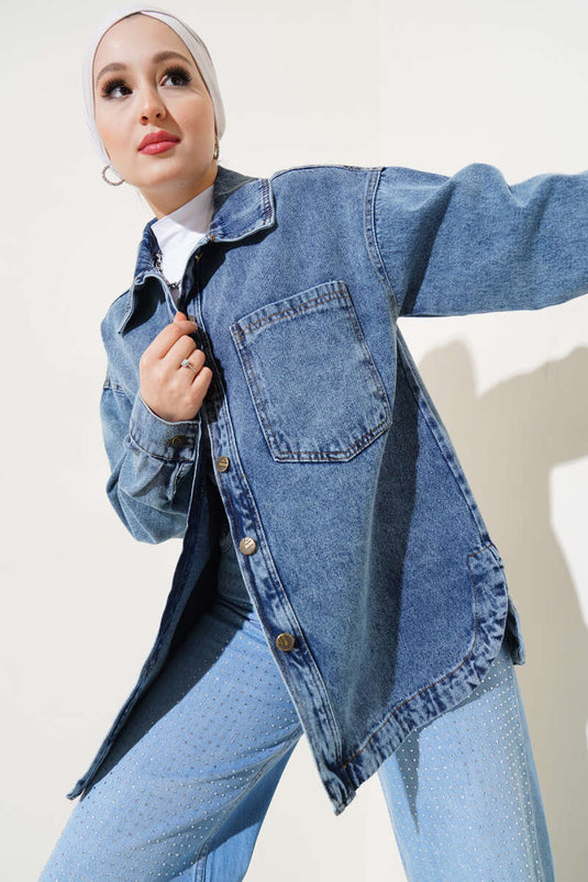 Buttoned Pocket Basic Denim Jacket Blue