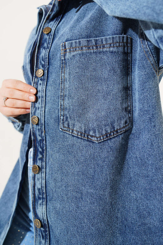 Buttoned Pocket Basic Denim Jacket Blue