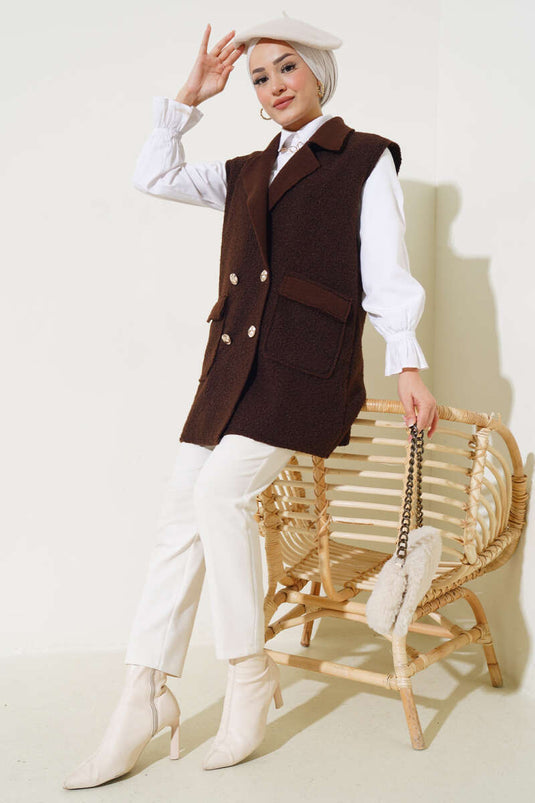 Buttoned Pocket Boucle Vest Brown