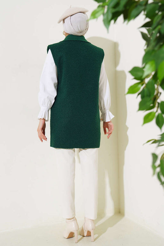Buttoned Pocket Boucle Vest Emerald