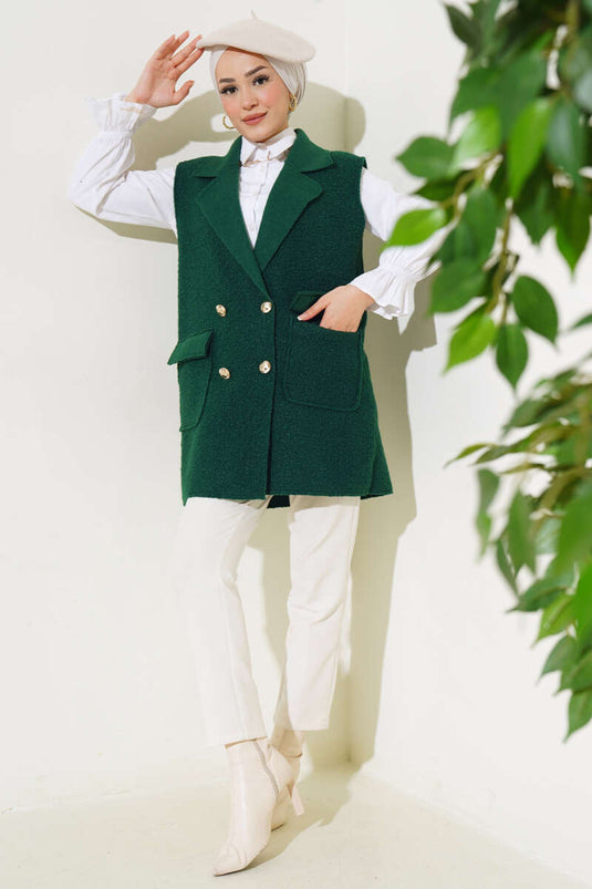 Buttoned Pocket Boucle Vest Emerald