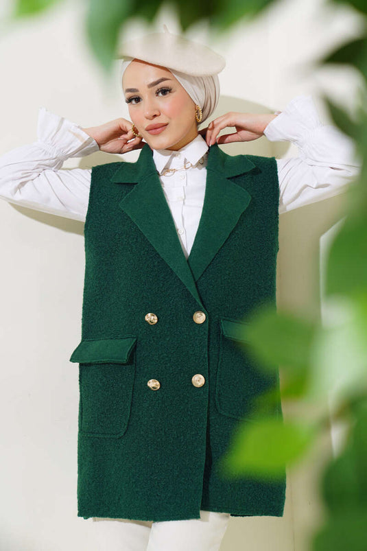 Buttoned Pocket Boucle Vest Emerald
