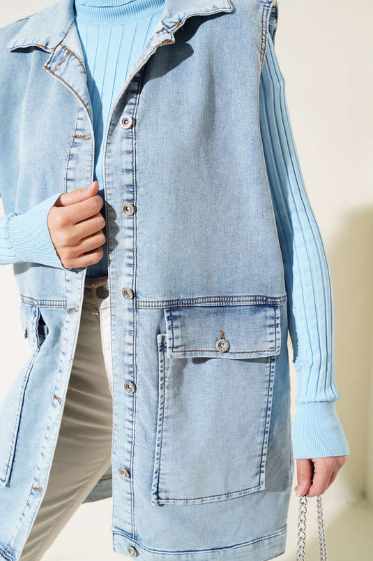 Gilet En Jean Poche Boutonnée Bleu Glace