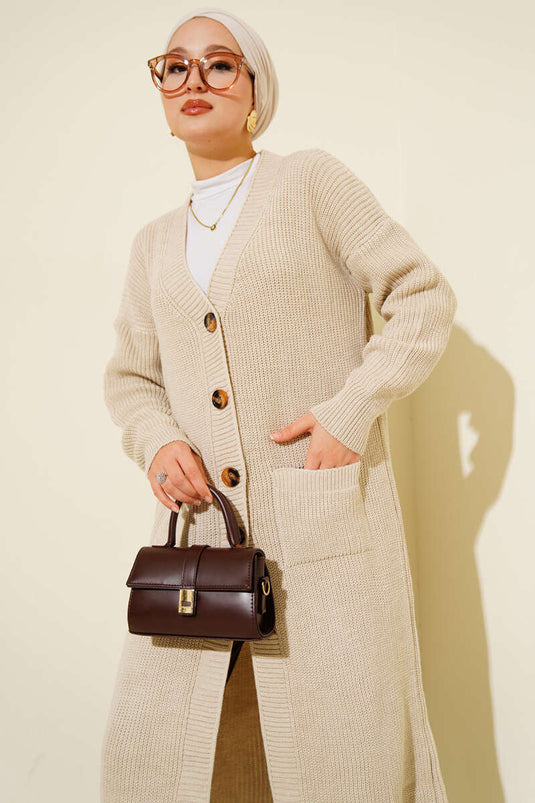 كارديجان طويل محبوك بأزرار وجيب، لون بيج