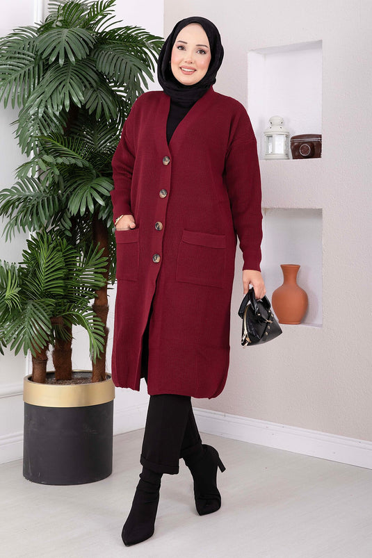 Cardigan lungo in maglia con tasche abbottonate, bordeaux
