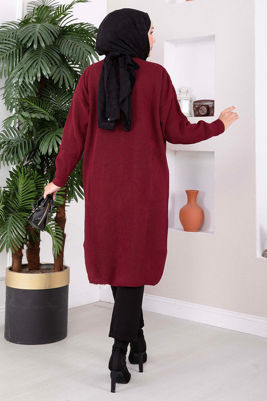 Cardigan lungo in maglia con tasche abbottonate, bordeaux